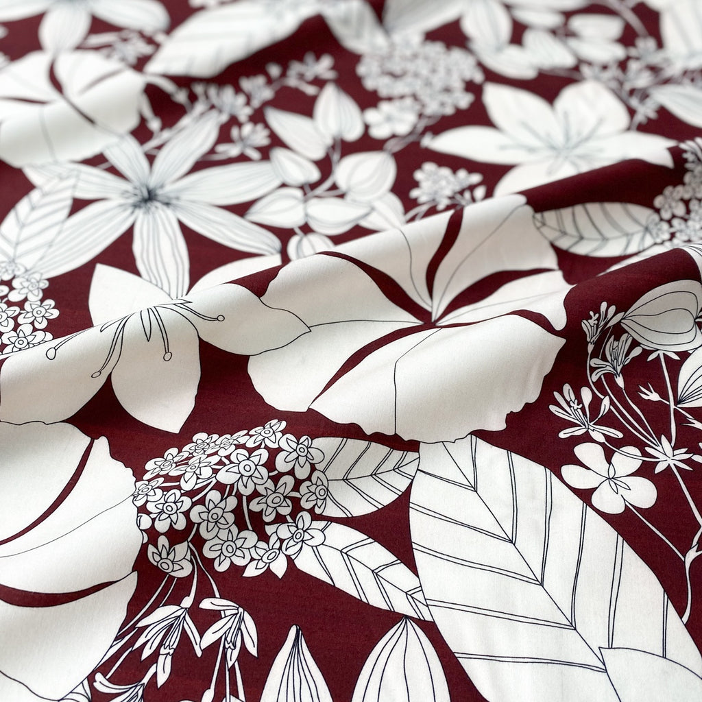 1/2m Cotton Viscose Shirting - Garden Flowers - Bordeaux