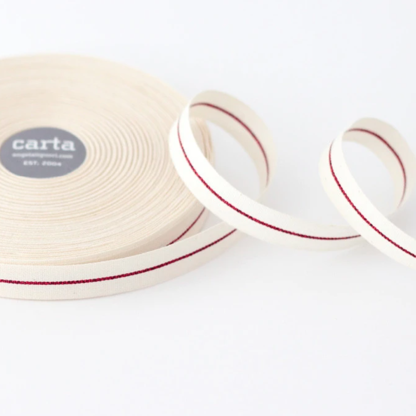 1/2m Studio Carta - Metallic Line Cotton Ribbon - Tight Weave - 5/8"- Natural/Red Line