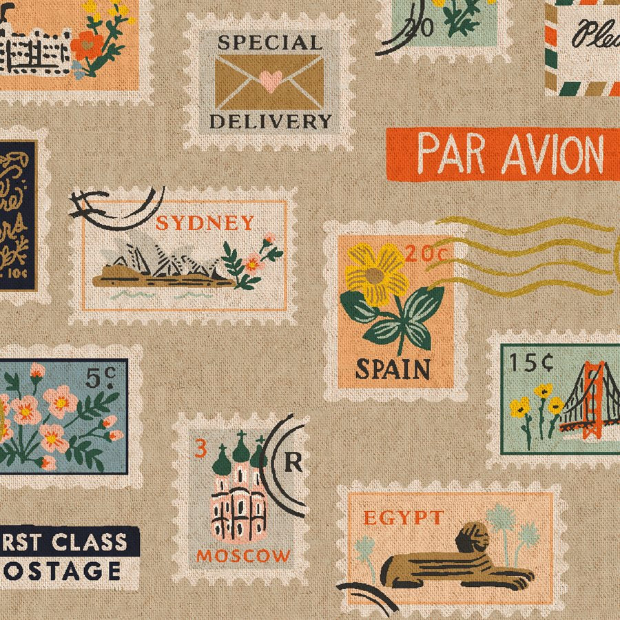 1/2m Rifle Paper Co - Bon Voyage - Postage Stamps - Unbleached Canvas - Metallic
