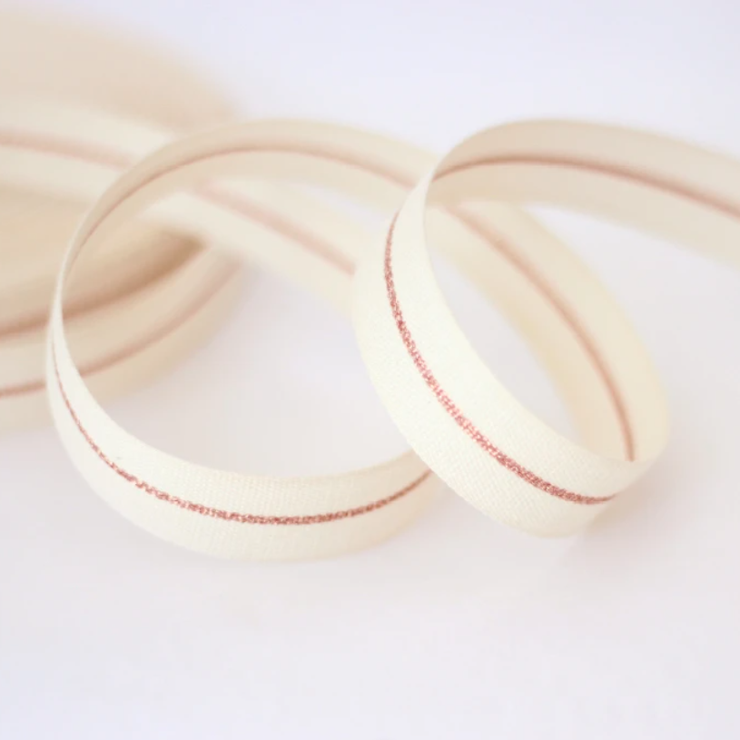 1/2m Studio Carta - Metallic Line Cotton Ribbon - Tight Weave - 5/8" - Natural/Rose Gold Line