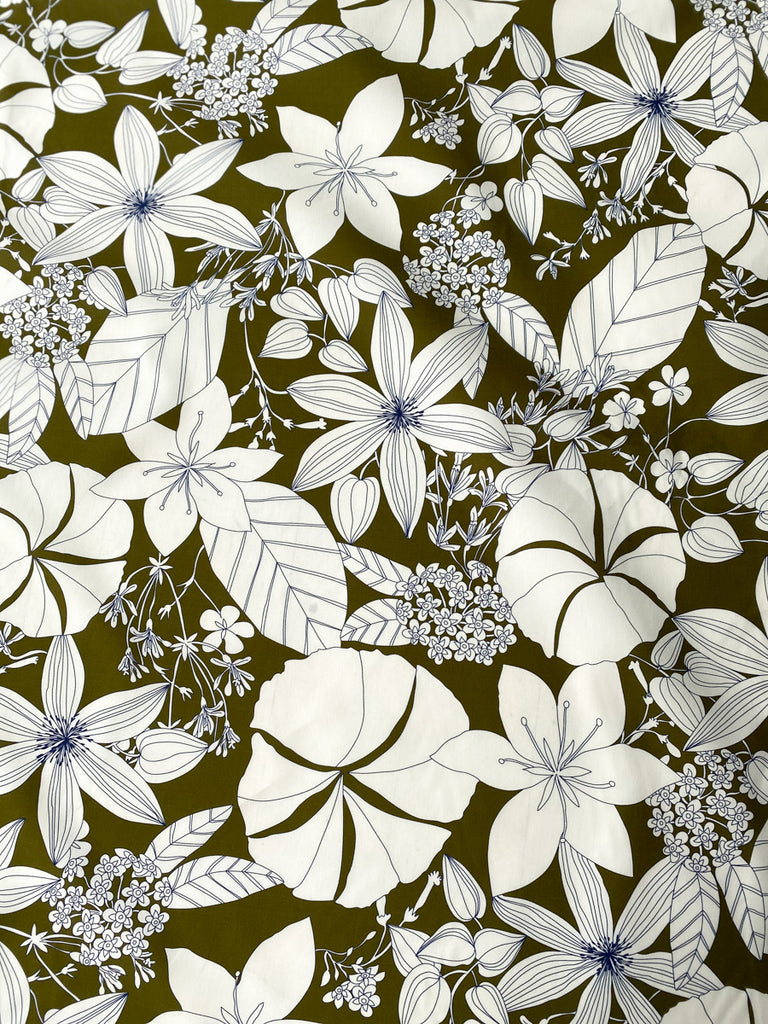 1/2m Cotton Viscose Shirting - Garden Flowers - Olive