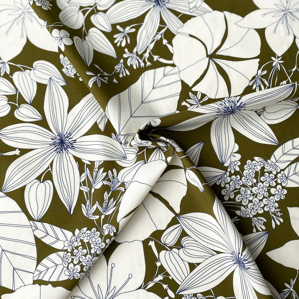 1/2m Cotton Viscose Shirting - Garden Flowers - Olive