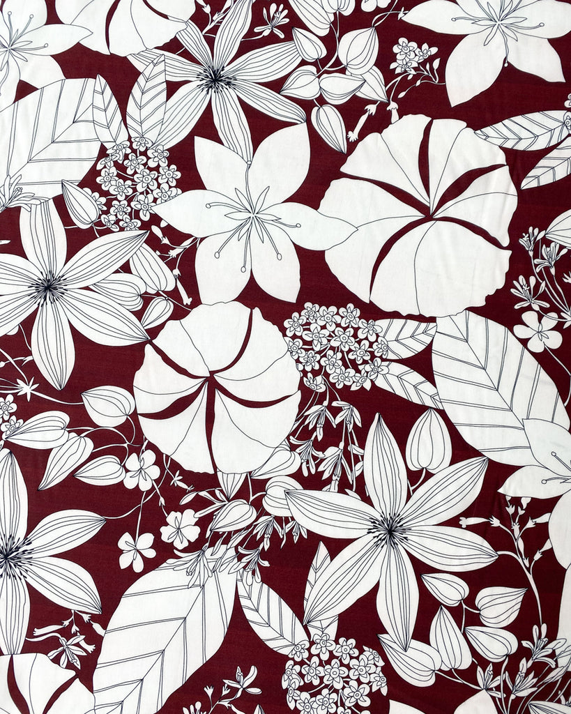 1/2m Cotton Viscose Shirting - Garden Flowers - Bordeaux