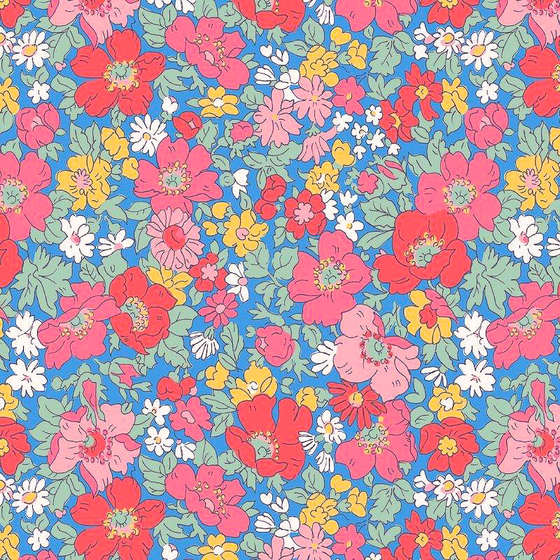 1/2m Liberty Cotton - Flower Show Midsummer - Cosmos Flowers - Jay Blue