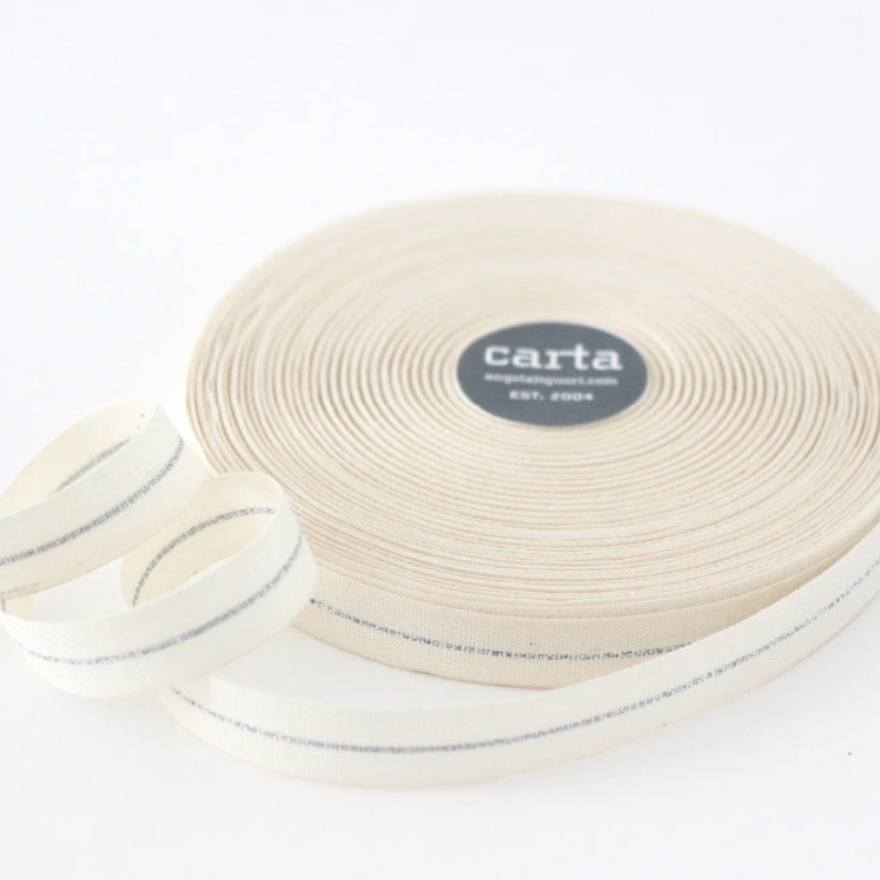 1/2m Studio Carta - Metallic Line Cotton Ribbon - Tight Weave - 5/8" - Natural/Silver Line